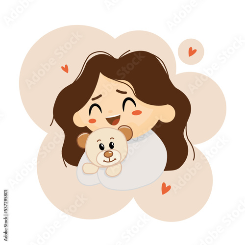 The girl hugs a bear. cute teddy bear. The girl takes care of the teddy. kindness to animals. Female cartoon character. colorful vector illustration