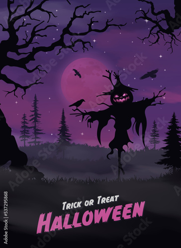 Happy halloween banner or party invitation background with violet fog clouds and pumpkins