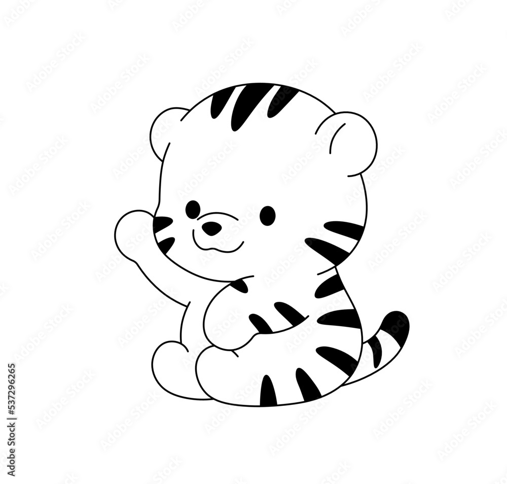 Vector isolated cute cartoon sitting baby tiger cub colorless black and
