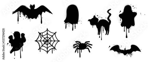 Set of graffiti spray pattern. Collection of halloween symbols, ghost, bat, cat, spider web with black spray texture. Elements on white background for banner, decoration, street art, halloween.