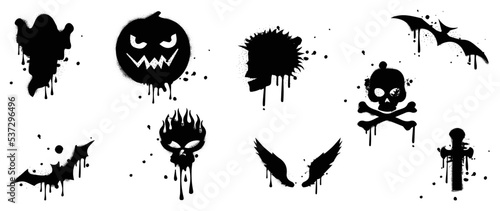Set of graffiti spray pattern. Collection of halloween symbols, ghost, bat, skull, wing, cross with black spray texture. Elements on white background for banner, decoration, street art, halloween