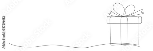 Gift box continuous line drawing. One line present with ribbon bow. Vector isolated on white.