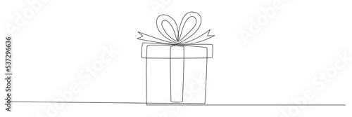 Gift box continuous line drawing. One line present with ribbon bow. Vector isolated on white.