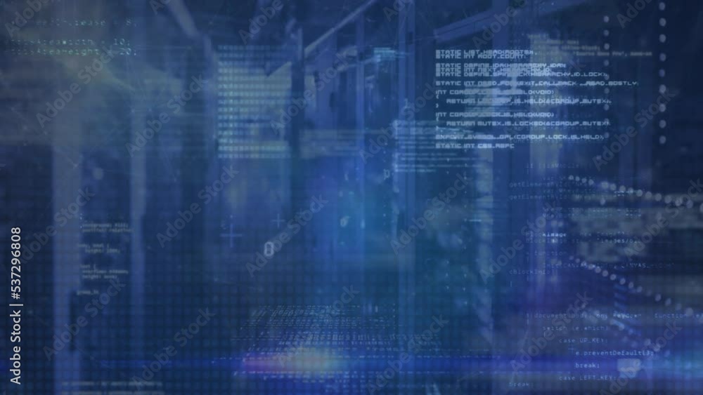 Animation of blue light spots and data processing against empty computer server room Animation of blue light spots and data processing against empty computer server room