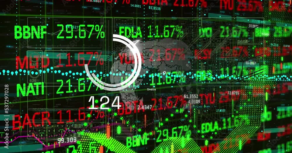 Animation of stock market and financial data processing over spinning globe against black background Animation of stock market and financial data processing over spinning globe against black background