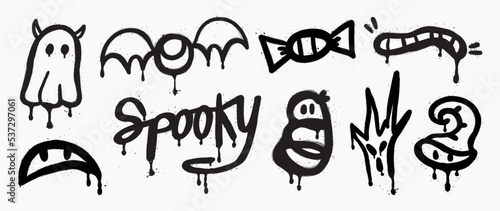 Set of graffiti spray pattern. Collection of halloween symbols, ghost, eye wing, candy, monster with spray texture. Elements on white background for sticker, banner, decoration, street art, halloween