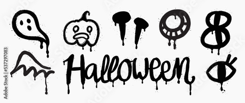 Set of graffiti spray pattern. Collection of halloween symbols, pumpkin, ghost, eyes, wing with spray texture. Elements on white background for sticker, banner, decoration, street art, halloween