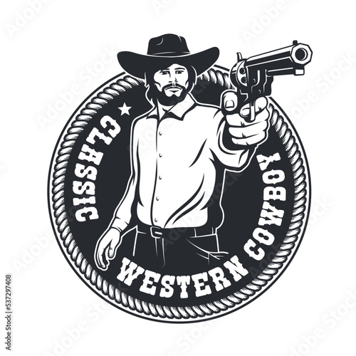 Cowboy aiming a gun - retro western badge. Wild west vintage logo with bandit