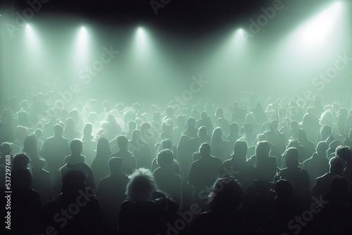 Concert crowd with lights and people silhouettes. 3d render.