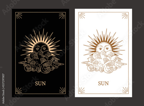 Tarot cards. vector linear illustration of sun and cloud. Hand-drawn celestial illustrations. The sun is hiding behind a cloud. Design elements for decoration in modern style. magical drawings.