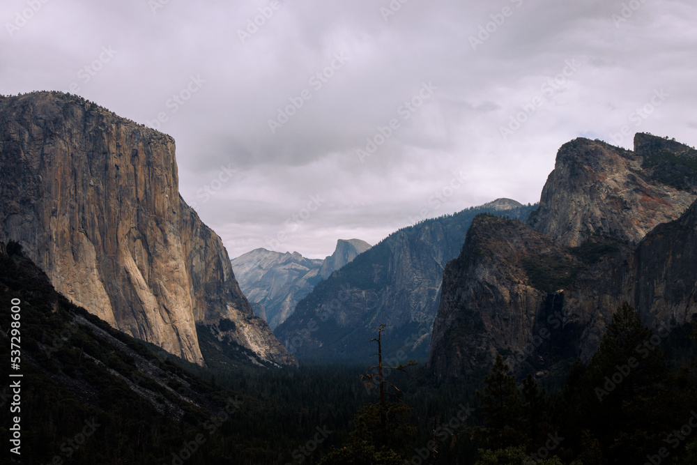 Yosemite valley. Stunning scenery of mountains and forests in Yosemite National park in a cloudy day, California