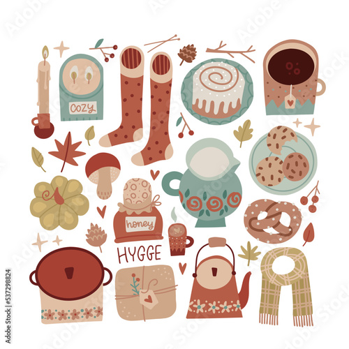 Cozy hygge autumn and winter elements set. Hot drinks, pastries, dishes, candles, a scarf and natural things collection. Scandinavian cute stickers. Flat vector hand drawn illustration style