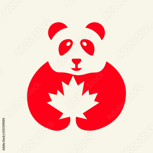 Panda Maple Logo Negative Space Concept Vector Template. Panda Holding Maple Leaf Symbol