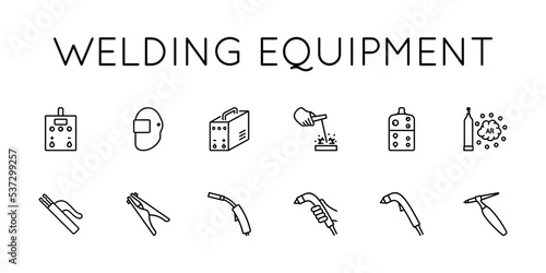Welding equipment vector icons set. Holder, Helmet, Gas, Welding, Elktrod, Mass are presented.