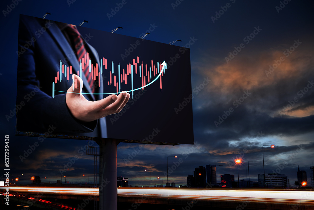 Businessman hand show business growth investment stock finance profit graph of marketing financial increase digital money trade chart advertise on billboard blank for outdoor advertising poster. - obrazy, fototapety, plakaty 