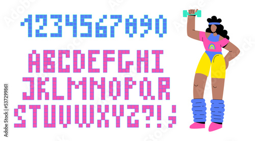 Latin alphabet of the 90s, 80s in retro style. The girl does aerobics and the letters are 8-bit. Retro font made of pixels