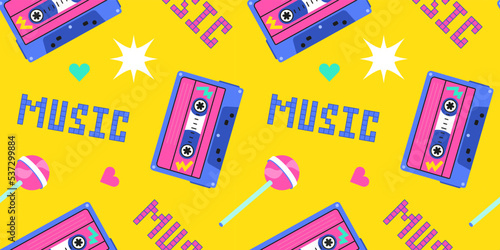 Seamless pattern of the 90s, 80s. Retro cassette, music, lollipop, sucking candy and pixels. 8 bit letters