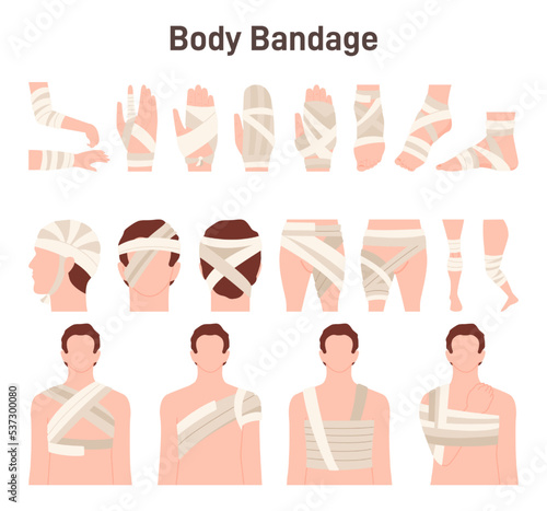 Trauma bandaging technique, first aid set. Injured human body parts