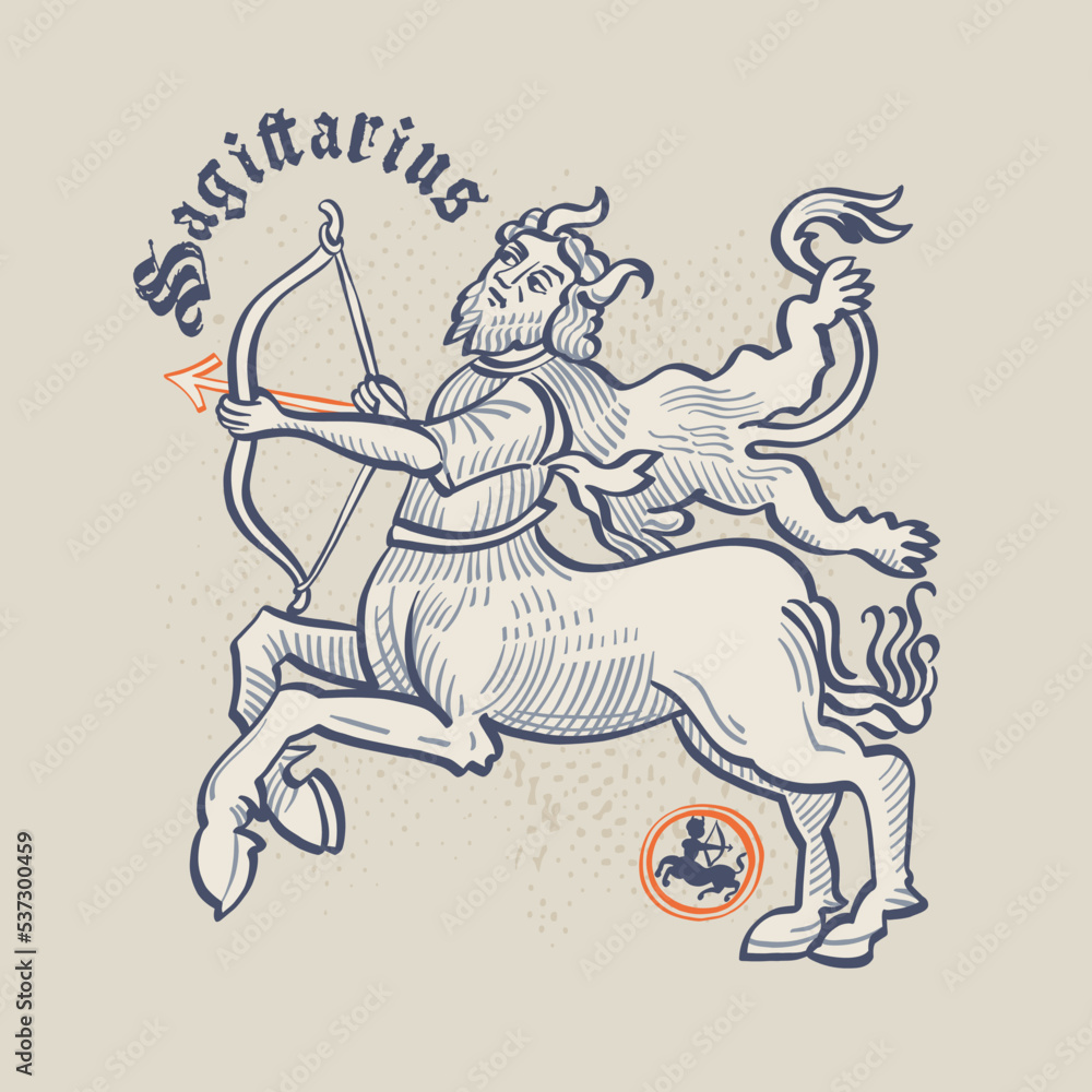 Fototapeta premium Archer zodiac sign. Astrology illustration in medieval engraving style with gothic lettering.
