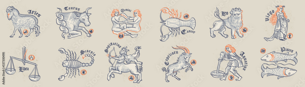Zodiac signs set. Astrology illustrations in medieval engraving style with gothic lettering.