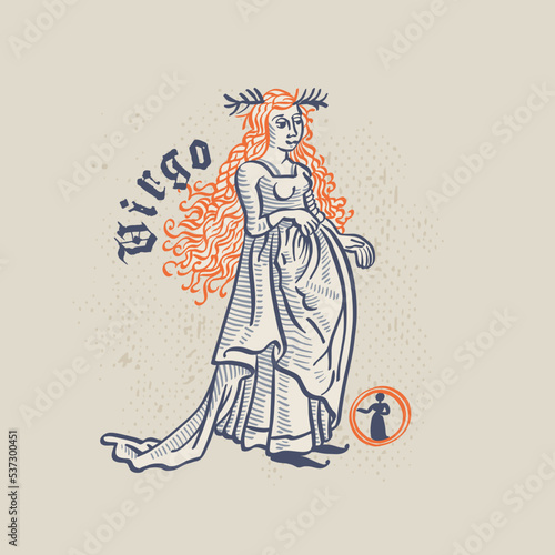 Virgin zodiac sign. Astrology illustration in medieval engraving style with gothic lettering.