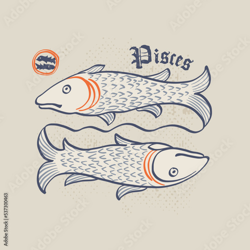 Fish zodiac sign. Astrology illustration in medieval engraving style with gothic lettering.