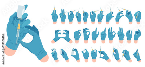 Medical worker hand with syringe and ampoule set. Vaccine or medicine
