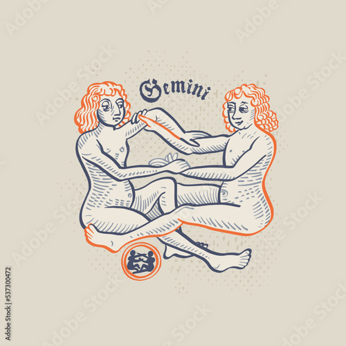 Twins zodiac sign. Astrology illustration in medieval engraving style with gothic lettering.