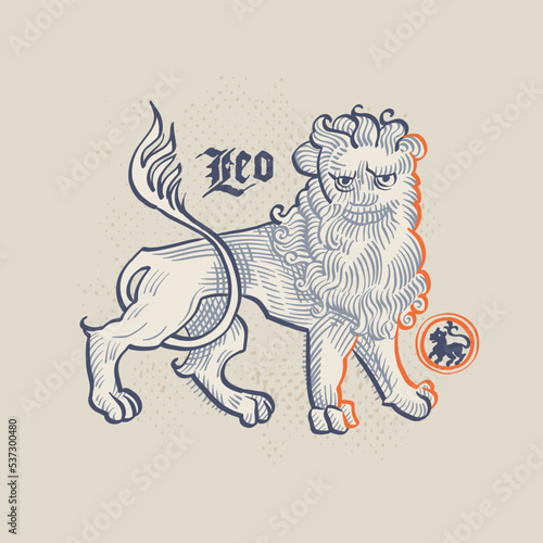 Lion zodiac sign. Astrology illustration in medieval engraving style with gothic lettering.