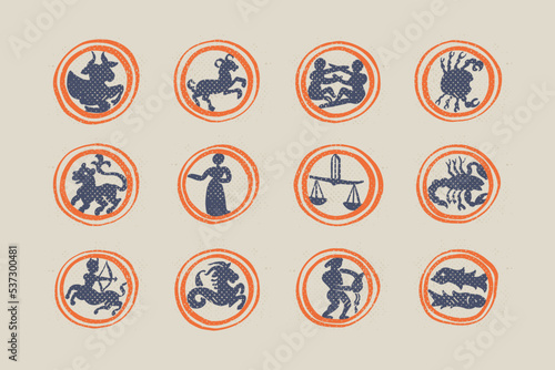Zodiac signs set. Astrology illustrations in medieval engraving style with gothic lettering.