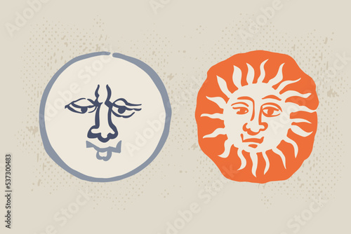 Sun and moon zodiac signs. Astrology illustrations in medieval engraving style with gothic lettering.