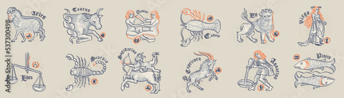 Zodiac signs set. Astrology illustrations in medieval engraving style with gothic lettering.