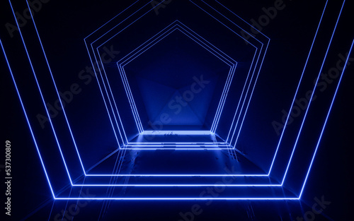 Dark tunnel with glowing neon lines, 3d rendering.