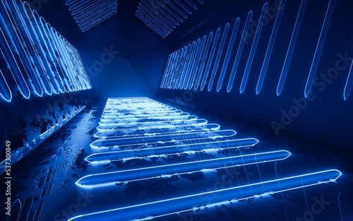 Fototapeta Naklejka Na Ścianę i Meble -  Dark tunnel with glowing neon lines, 3d rendering.