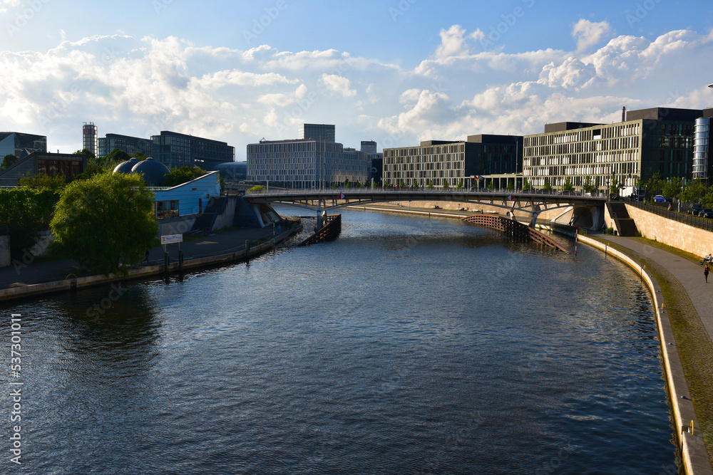 Spree river and the futuristic waterfront in the center of the Berlin Germany
