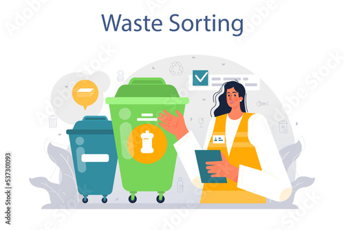 Grabage collector set. Cleaning worker emtying bin container into a garbage