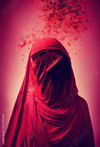 3d rendering of brave woman wearing a burqa covered in blood. Protesting against oppression of women in Iran and Afghanistan