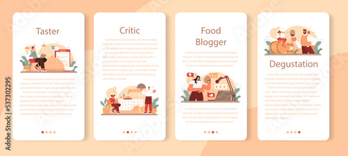 Food critic mobile application banner set. Professional blogger