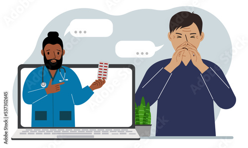 Online consultation with a doctor. A man in pain holds his hands to his face and communicates through a laptop with a doctor.