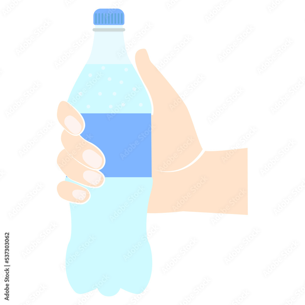 Icon bottle of water hold in hand. Water in plastic tarre pictogram. Vector flat design. Isolated on white background. Fast food drink symbol. Carbonated water Icon bottle of water hold in hand. Water in plastic tarre pictogram. Vector flat design. Isolated on white background. Fast food drink symbol. Carbonated water
