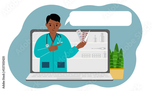 Online consultation or feedback concept. Laptop with a picture of a male pharmacist with medicines in his hand.
