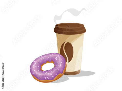 Cartoon colorful tasty donut and disposable paper cup coffee, use for card, poster, banner, web design and print on t-shirt, easy to edit, beautiful vector cartoon template coffee-cup with tasty donut