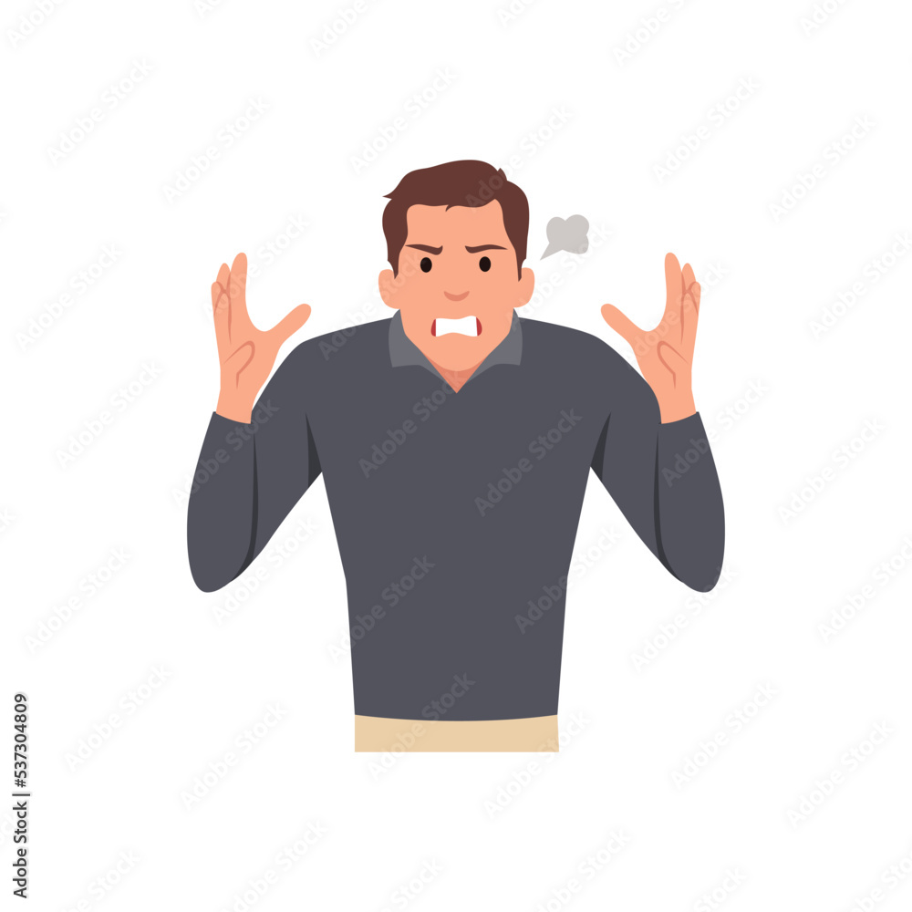 Young man angry and raised fist and shout or screaming expression. Man expresses negative emotions and feelings, shouts loudly and desperately. Flat vector illustration isolated on white background Young man angry and raised fist and shout or screaming expression. Man expresses negative emotions and feelings, shouts loudly and desperately. Flat vector illustration isolated on white background