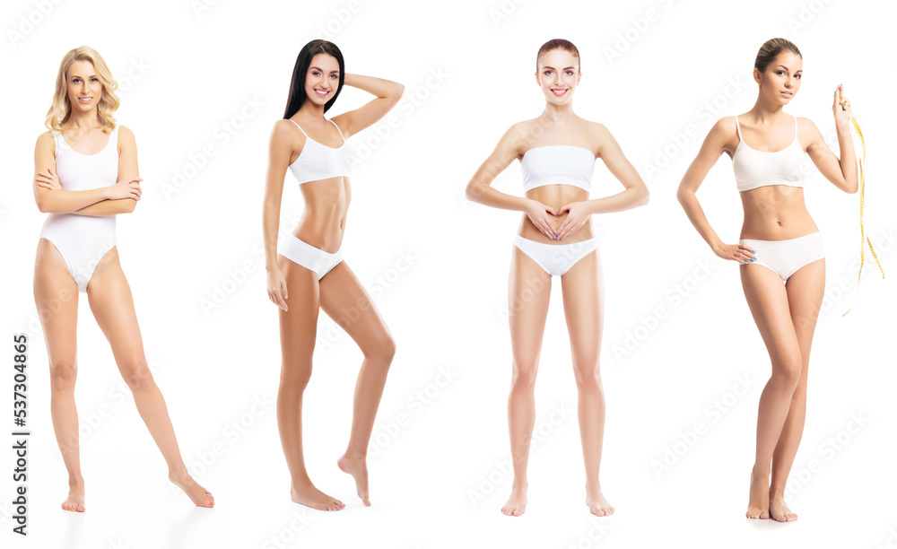 Young, fit, happy and beautiful blond woman in white swimsuit isolated on white background - set collection. Healthcare, diet, sport and fitness. Young, fit, happy and beautiful blond woman in white swimsuit isolated on white background - set collection. Healthcare, diet, sport and fitness.
