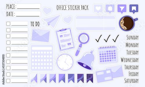 Sticker pack. Set of office elements like a calendar, clock or coffee in flat style. Date, place, to do, days of the week and calendar stickers for notebook, diary, organizer or planner.	