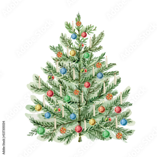 Watercolor vector card with Christmas tree, balls and candles.