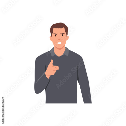 Young man angry and pointing his finger at you. Expresses negative emotions and feelings, shouts loudly and desperately. Flat vector illustration isolated on white background