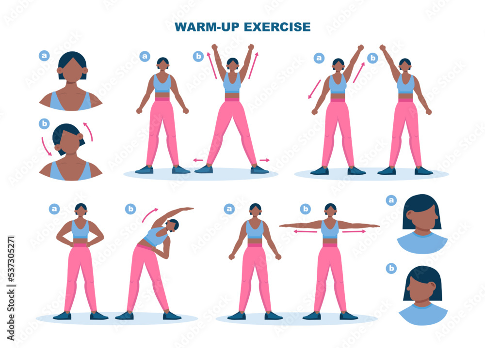 Warm-up exercise set. Muscles stretch before a work-out, physical Stock  Vector