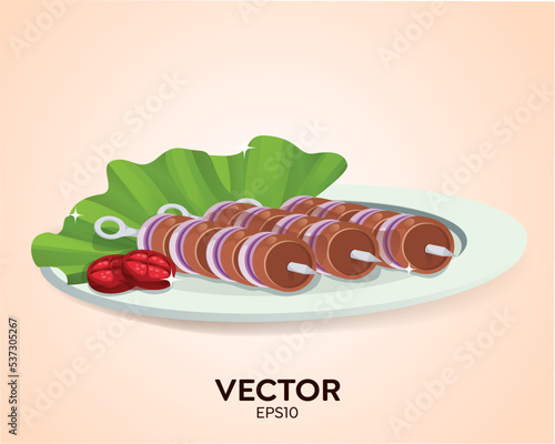 Kebabs set, roast meat, shashlik vector banner, illustration with meat pieces on wooden skewers, green plate, barbecue vegetables, grilled kebabs