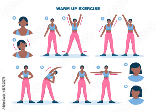 Warm-up exercise set. Muscles stretch before a work-out, physical